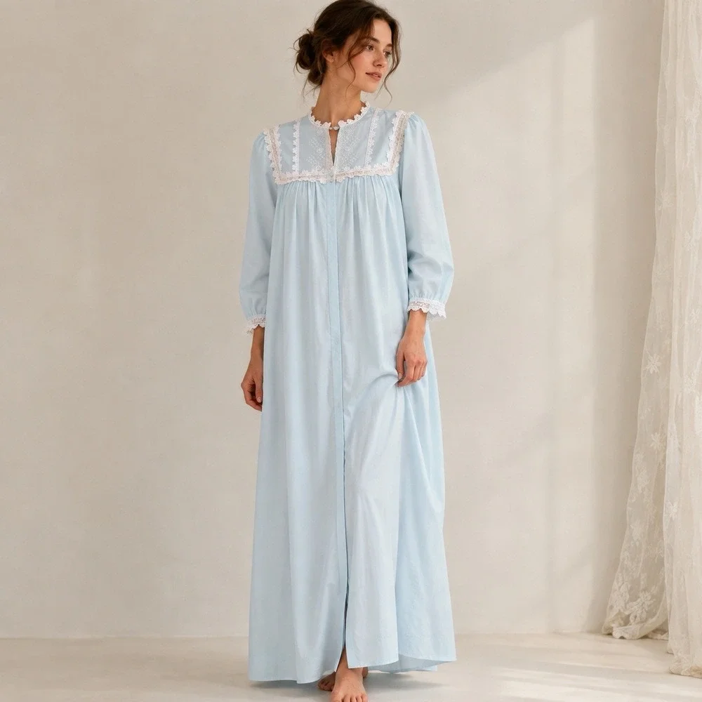 Vintage Nightgown Robe Size M Light Blue Nylon Laced Trim Boudoir Victorian